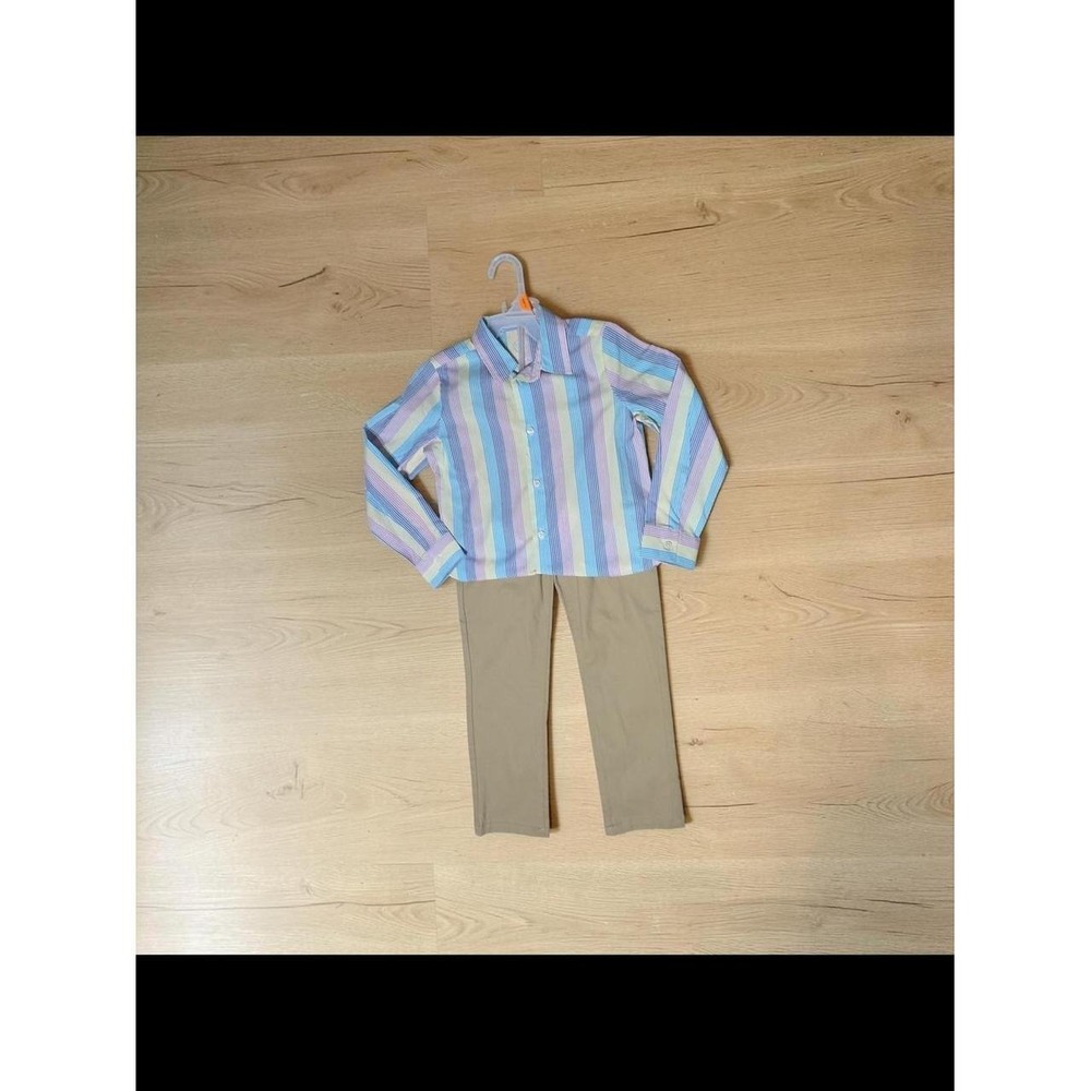 Wonder Nation Boys 2pc Set Beige Khaki Pants & Striped Button‎ Up Shirt Size 6 - Picture 3 of 7